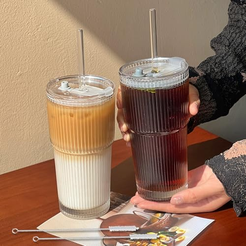 SciFiVisi 2 bicchieri in vetro da 600 ml, con coperchio a prova di perdite, cannuccia e spazzola, in vetro per smoothie, tazza da caffè, tazza da caffè freddo, bicchiere per tè a bolle, bicchiere per