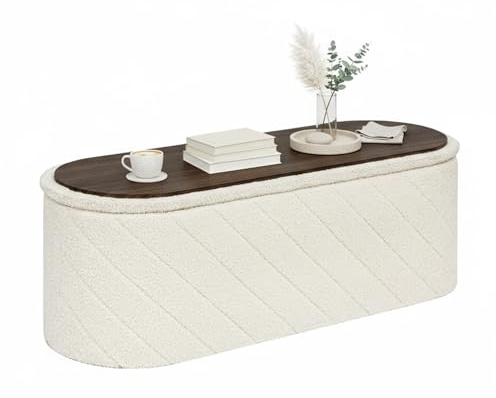 Bonlife Oval Ottoman Storage Bench, Folding Foot Rest with Lid, Boucle End of Bed Bench,Foostool for Living Room,Bedroom,Entryway,White,110x38x38cm