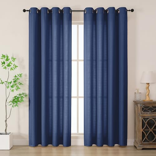 Simplebrand Gardinen Vorhänge mit ösen Vorhang lang Modern Leinenoptik Halbtransparent Ösenvorhang für Wohnzimmer Kinderzimmer Raumteiler 2er Set Blau H 200xB 140 cm