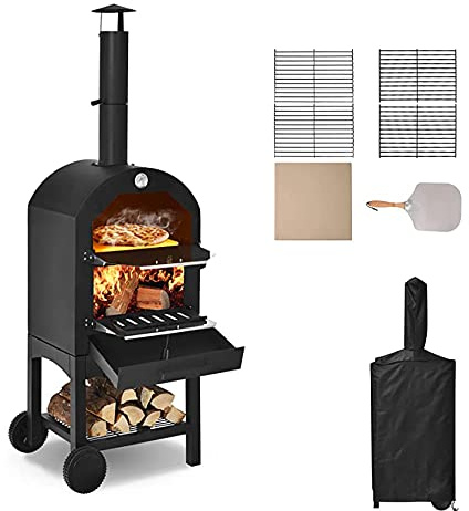 Forno per pizza da esterno, forno a legna autoportante in acciaio con ruote per barbecue in giardino e feste in campeggio