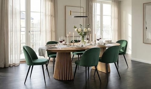 Esstisch oval ausziehbar - Essgruppe Tokyo 7-teilig für 6 Personen Natur 120x120-160/200 cm Tisch mit 6 grünen Velours Stühlen Esszimmergruppe Speisegruppe Wohnküche Esszimmermöbel Essplatzmöbel