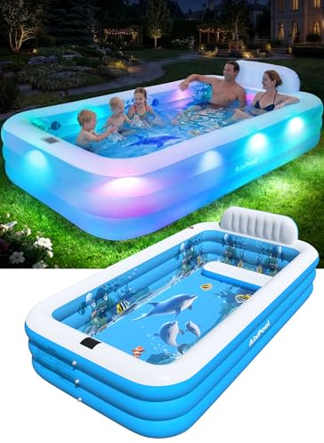 AixPool Extra Large Inflatable Pool With Lights,Upgraded Solar Powered Blow Up Pool For Adults,Inflatable Kids Swimming Pool with Seat& Backrest,Big Inflatable Kids Pool For Backyard,120x73x20IN-White