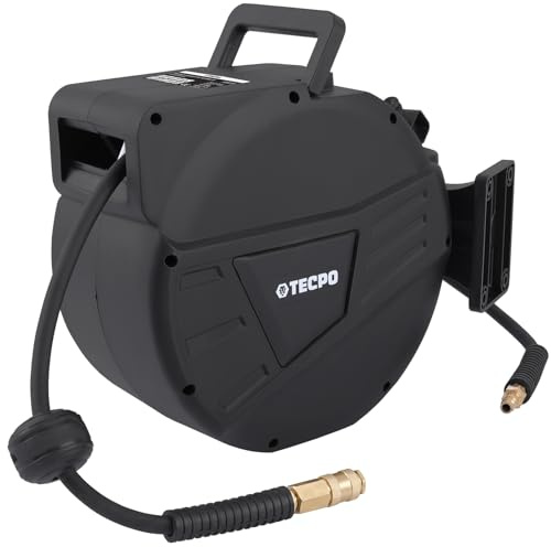 TECPO Druckluftschlauchtrommel Automatikschlauchtrommel 10 + 1 Meter mit 1/4 Zoll Anschluss 24 Bar integrierte Stoppfunktion 180° schwenkbare Wandhalterung Schnellkupplung Hybrid Schlauch