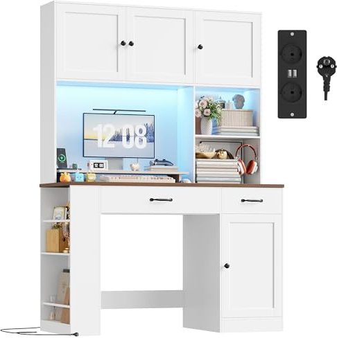 FirFurd 180cm Scrivania con Cassetti, Scrivania Gaming con Luci a LED e Prese, Scrivanie con 3 Ante, con Libreria a 2 Ripiani, Ripiani Regolabile, per Studio, Ufficio, Cameretta, 120x50x180cm, Bianco