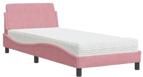 mtlskopl Rosa Samt Bettgestell 80x200 cm mit Matratze Dover Modernes Wellendesign Einzelbett Komforthöhe für Jugendzimmer Gästezimmer und Schlafzimmer