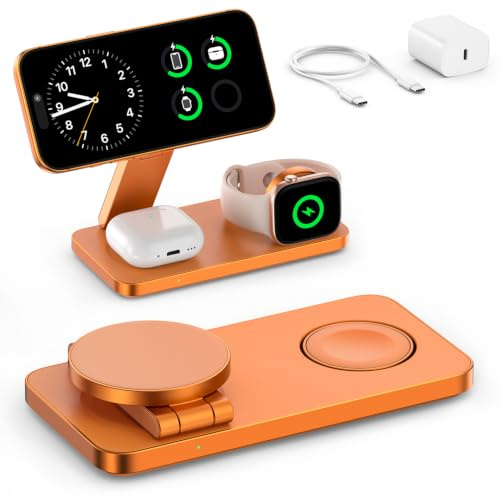 3 in 1 Ladestation Apple Kompatibel mit Magsafe Ladegerät, Faltbare Induktive Ladestation für iPhone 17 16 15 14 13 12 Series, Apple Watch Ultra/11/10/SE, AirPods 4/3/2