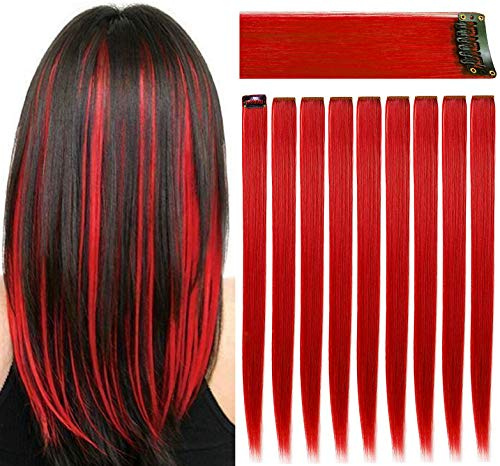 Rhyme Colored Hair Extensions Clip In,9 Pieces 21'' Red | Light weight,Natural look,Easy application,Colorfast,Clip-in installation,Party Hightlight,Gift,Girls hair accessories