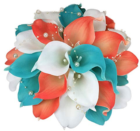 Lily Garden® Real Touch Calla Lily Coral and White and Carnation Turquoise Flowers Wedding Bouquet (Wedding Bouquet Lilies)
