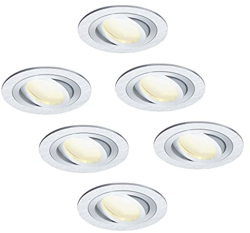 HCFEI 6er Set LED Einbaustrahler dimmbar flach rund, Silber gebürstet, Schwenkbar mit 5W LED Modul Warmweiß 3000K für 230V ohne Trafo, glanzpolierter Innenring