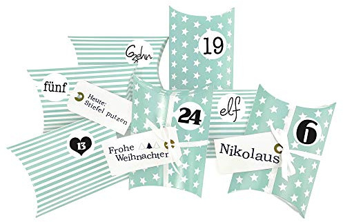 Frau WUNDERVoll® DIY Adventskalender zum Befüllen Christkind: Set 191, Kissenschachteln 15x11x4,5cm Tuerkis Sterne und Streifen, Ziffern schwarz-weiß