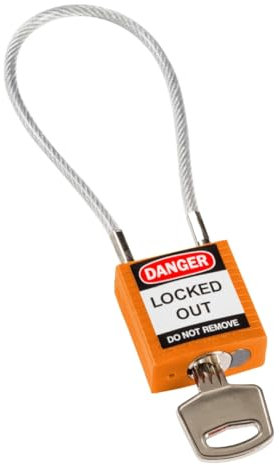 Brady Lucchetto con Cavo Compatto Confezione da 1 - Lucchetto di Sicurezza Lockout Tagout - Chiavi Diverse - 32mm x 35mm x 16mm - Lunghezza del Cavo 200mm, Arancia