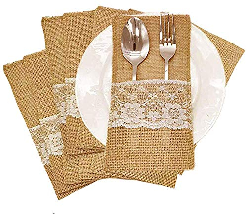 Amajoy (11cm * 21cm 50pcs Couverts Couverts Jute Couverts Titulaire Couteau Sacs Fourchette avec Décoration De Table En Dentelle pour Mariage Vintage Fête Anniversaire