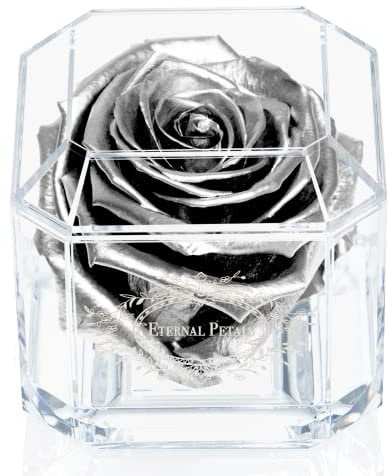 A 100% Real Rose That Lasts Years - Eternal Petals, Handmade in UK – White Gold Solo with A Clear Crystal (Silver)