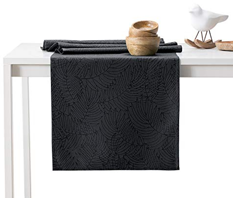 AmeliaHome Tischläufer 30x80 cm Lotuseffekt Wasserabweisend Blätter Anthrazit Gaia