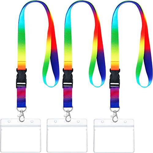 Regenbogen Lanyard mit Kartenhalter Set, Enthält Bunte Lanyard Halsriemen und Transparente Ausweishalter Klarer Kartenhalter für Schlüssel ID Karten Ticket (12 Pack)