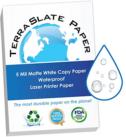 TerraSlate Wasserfestes Laserdrucker-Papier - reißfest, wetterfest, 5 mm (10,9 kg Bond), A4-Format 210 x 297 mm, 25 Blatt, weiß, synthetisches Papier für den Außenbereich