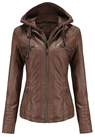 DISSA Damen Dunkelbraun Kunstleder Motorrad Jacke Lederjacke Jahrgang Schlank mit Kapuze Kurz Mantel,PP005,L