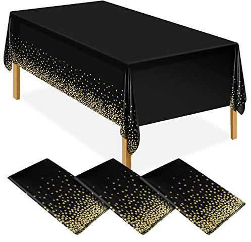 ELECLAND 3Pcs Black and Gold Party Tablecloth Plastic Tablecloth 137x274cm Gold Dot Confetti Table Cover Rectangular Party Table Cover for Picnic, Baby Shower, Halloween, Christmas