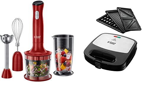 Russell Hobbs Mixeur Plongeant Multifonction 3en1 500ml, Compatible Lave Vaisselle - Rouge 24700-56 Desire & Appareil à Sandwich 750W 3en1, Gaufrier, Grill - 24540-56 Fiesta