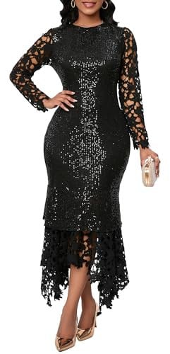 IWFEV Sequins Floor-Length Hollow Asymmetrical Women's Maxi Dress Lace Dress Party Evening Dress L Black