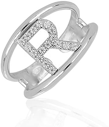 Artlinea, 925 Sterlingsilber Ring, Personalisiert mit den Initialen R Großbuchstaben, mit Zirkonia-Pavé, Offene Rückseite mit Verstellbarer Größe 18.7-20.4, Made in Italy