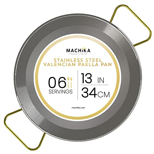 Machika Paella-Pfanne aus Edelstahl | Kochpfanne | Edelstahlpfanne für Paella- und Reisrezepte | Valencianische Paella-Pfanne aus Edelstahl mit goldenen Griffen | 6 Portionen | 33 cm |