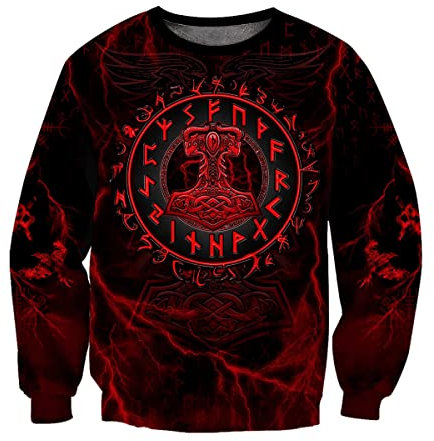 Viking Hoodie 3D Print Norse Mythology Valhalla Long Sleeve Spring Autumn Pullover for Men and Women Cosplay Costume,Thor Hammer Shirt,5XL