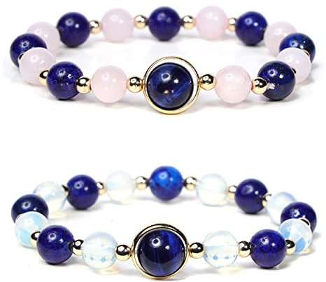 MILAKOO Lot de 2 bracelets en pierre naturelle pour femme Opale Rose Quartz Lapis Lazuli Pierres précieuses