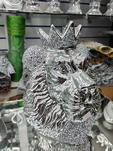 Biznest Silver Chrome Crushed Diamond Lion King Face Crystal Ornament Statue Shelf Décor