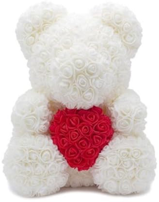OISE ART STORE Trade Shop - Orsacchiotto Orsetto Orso di Rose con Fiori da 40cm Bianco con Cuore Rosso