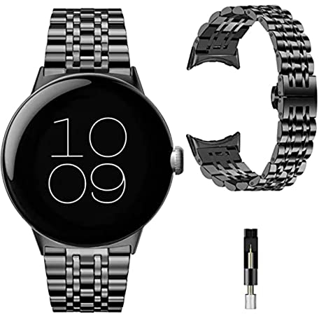 Miimall Metall Armband Kompatibel mit Google Pixel Watch 3 41mm/Pixel Watch 2/1 Armband, Edelstahl Metall Schmetterlingsschnalle Verstellbares Ersatzarmband für Google Pixel Watch 1/2/3 41mm-Schwarz