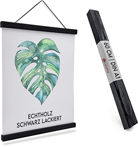 LIKARTO Premium-Posterleiste Holz Schwarz A1 | 60 cm - Hochwertige magnetische Bilderleiste aus Echtholz inklusive Lederband - Einfaches Bilder aufhängen