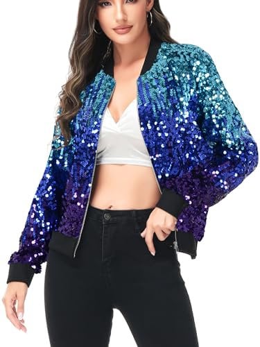 ANNA-KACI Damen Pailletten Rib Rop Langarm Reißverschluss Bomberjacke Jacke, Z-Blau-Royal-Lila, Small