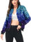 ANNA-KACI Damen Pailletten Rib Rop Langarm Reißverschluss Bomberjacke Jacke, Z-Blau-Royal-Lila, Small