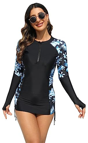 Long Sleeve Two Piece Swimsuit Women Rash Guard Zipper Front Drawstring Shirt Sports Athletic Training Bathing Suit Surfing Diving Swimming Costume UPF 50+ Wetsuit Modest Swimwear Blue Floral 2pcs L