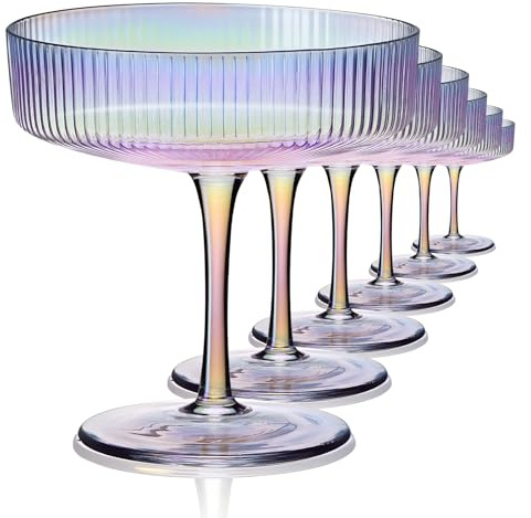CUKBLESS Schillernde Martinigläser Set mit 6 Champagner-Coupegläsern, mundgeblasen, Vintage, gerippt, Cocktail für Margarita, Whiskey, Dessert, 200 ml
