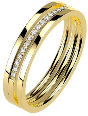 Taffstyle Damen Band Ring Edelstahl Bandring Damenring Trauring Verlobungsring Fingerring Dreireihig mit Kristallen Gold Größe 51 (16.2)