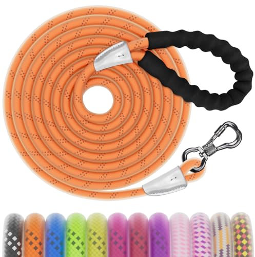 Kdsvakd Training Lead for Dogs, Long Rope Dog Leash with Carabiner Clip and Soft Padded Handle, Reflective Recall Durable Leash for Puppy, Small, Medium, Large Dog, 6FT Bright Orange