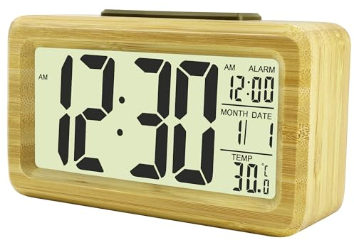 DTKID Wecker Digital aus Holz, mit Datum, Temperatur, Digitaler Wecker mit Schlummerfunktion, Automatischem Lichtsensor, Batteriebetrieben(Batterie Nicht Enthalten)