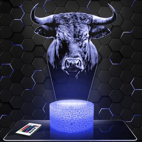 Nachttischlampe Stierkopf Dekoration - Tier Kuh Rodeo Stierkampf Rind Horn - Geschenkidee für Mann Frau - Nachtlicht Erwachsene Schlafzimmer Weihnachten