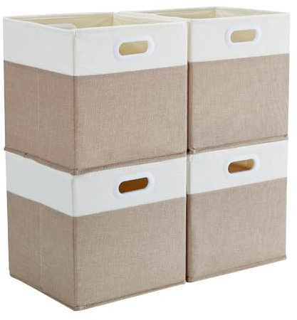 Mangata Aufbewahrungsbox 33x38x33 cm, faltenfrei Stoff Aufbewahrungskörbe für Kallax, Kleiderkörbe, Körbe, Truhen, Spielzeug (4 er, Helles Khaki/Beige Weiß)