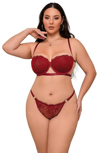 ohmydear Red Sexy Lingerie for Women Sets Plus Size Underwear Underwired Matching Bra and Knickers Sets Eyelash Lace Panties Thong Sheer Outfits, S