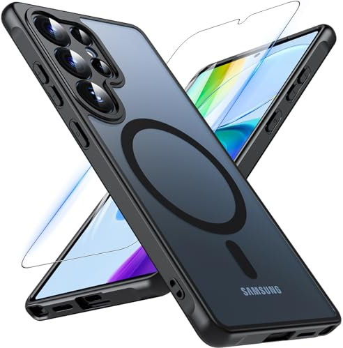 Magnetisch Für Samsung Galaxy S25 Ultra Hülle mit Panzerglas Glas,Militärschutz Handyhülle für S25 Ultra mit MagSafe Matt Transluzente Schutzfolie Schutzhülle Case Cover für Samsung S25 Ultra(Schwarz)