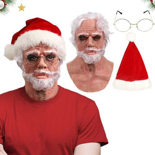 Yearsahrk 3 Stücke Weihnachtsmann Maske Weihnachtsmütze Brille Realistische Alte Mann Maske Karneval Halloween Kostüm Latex Masken Requisiten