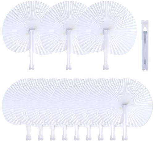 OUDQFCJ 12 Pcs éventails de mariage, bricolage et décoration, cadeaux pour invités, fête, danse du ventre, rond en papier blanc pliable pour les occasions estivales, éventail