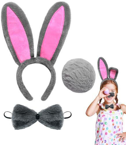 Matreeglam Hasenohren Haarreif Set, Ostern Hasenohren Stirnband mit Fliege Schwanz, Bunny Kostüm Zubehör für Damen Ostern Karneval Cosplay Party (grau)