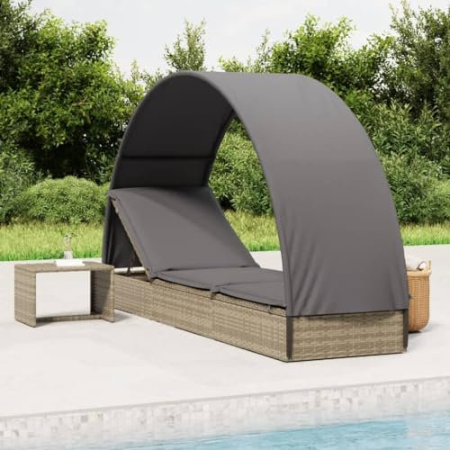 LVHUIDEH Sonnenliege mit Runddach und Auflage, Outdoor Gartenmöbel, Wetterfest, Sonnenbett, Gartenliege für Patio/Strand/Terrasse/Pool, 211 x 57 x 140 cm, Poly Rattan