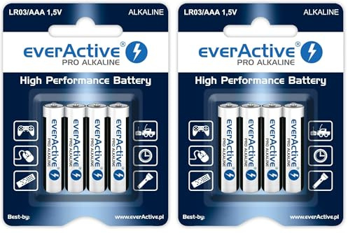 everActive Lot de 8 Piles AAA alcalines Pro Micro LR03 R03 1,5 V, Haute Performance, durée de Vie de 10 Ans, 1 Carte Blister