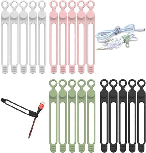 ALINK 20Pcs Silicone Cable Straps Cord Organizer for Bundling Earphone, Phone Charger, Computer Cords, Reusable Cable Ties Wire Organizer in Home,Office,Kitchen,School (4 Color)