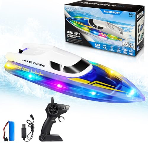 RC Boat with LED Lights, Rc boats for adults, 15 KmPh 2.4GHz Toy Boat with Capsize Recovery 1x Rechargeable Battery, (Batteries not included with remote control), Speedboat Toys for Boys and Girls